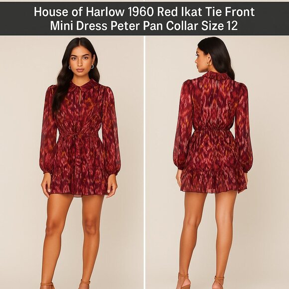 House of Harlow 1960 Red Ikat Tie Front Mini Dress Peter Pan Collar Size 12 - Picture 1 of 10